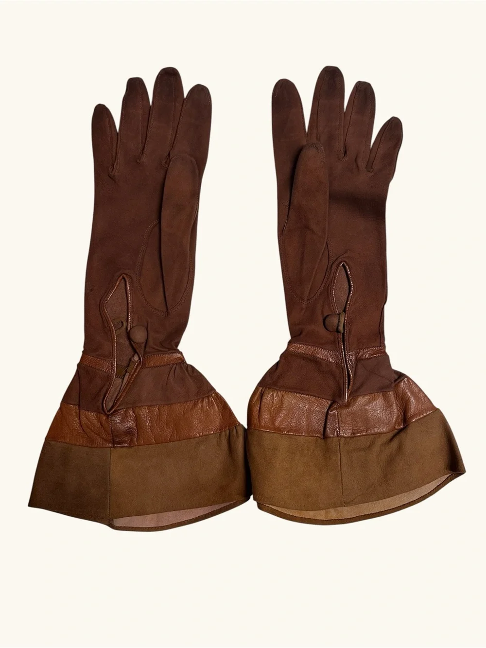Vintage Long Brown Suede Gloves with Flared Cuffs